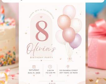 Puppy 8th Birthday Invitation Template | Pastel Watercolor Dog Birthday Canva Printable | Editable Girl Digital Puppy Party Invite