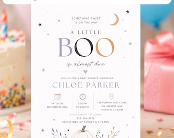 Little Boo Baby Shower Invitation Template | Ghost Pumpkin Baby Shower Canva Printable | Editable Halloween Digital Baby Shower Invite