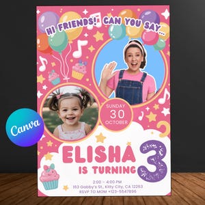 May include: Pink birthday invitation with the text "Hi Friends! Can You Say..." and "Elisha is Turning 3". Features a photo of a smiling child and an adult. Includes balloons, cupcakes, and musical notes. The Canva logo is in the bottom left corner.