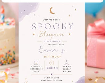 Halloween Sleepover Invitation Template | Spooky Pajama Party Invitation Canva Printable | Editable Cute Ghost Digital Girls Night Invite