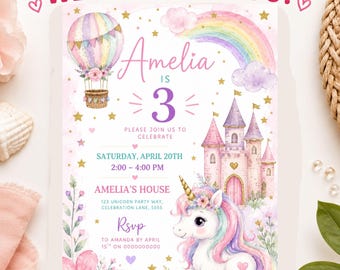 Unicorn Birthday Invitation Template | Magical Pastel Rainbow Unicorn Party Invite | Editable Canva Printable Digital Download for Girls