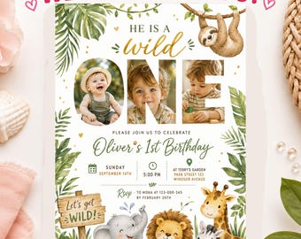 Wild One Birthday Safari Invitation Template With Photo | Jungle Animals 1st Birthday Invite