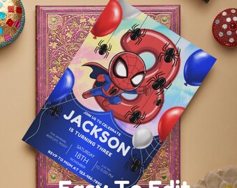 Editable 3rd Spidey  blue-theme Birthday Invitation, Spidey Kids Birthday Invitation, Amazing Friends 3rd Birthday Party, Superhero Bday