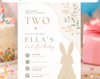 Some Bunny Is Two Birthday Invitation Template | Bunny 2nd Birthday Invitation Canva Printable | Editable Daisy Rabbit Digital Girl Party