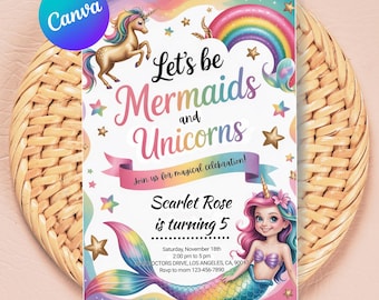 Pastel Mermaid Unicorn Birthday Invitation Girl Fantasy Party Card