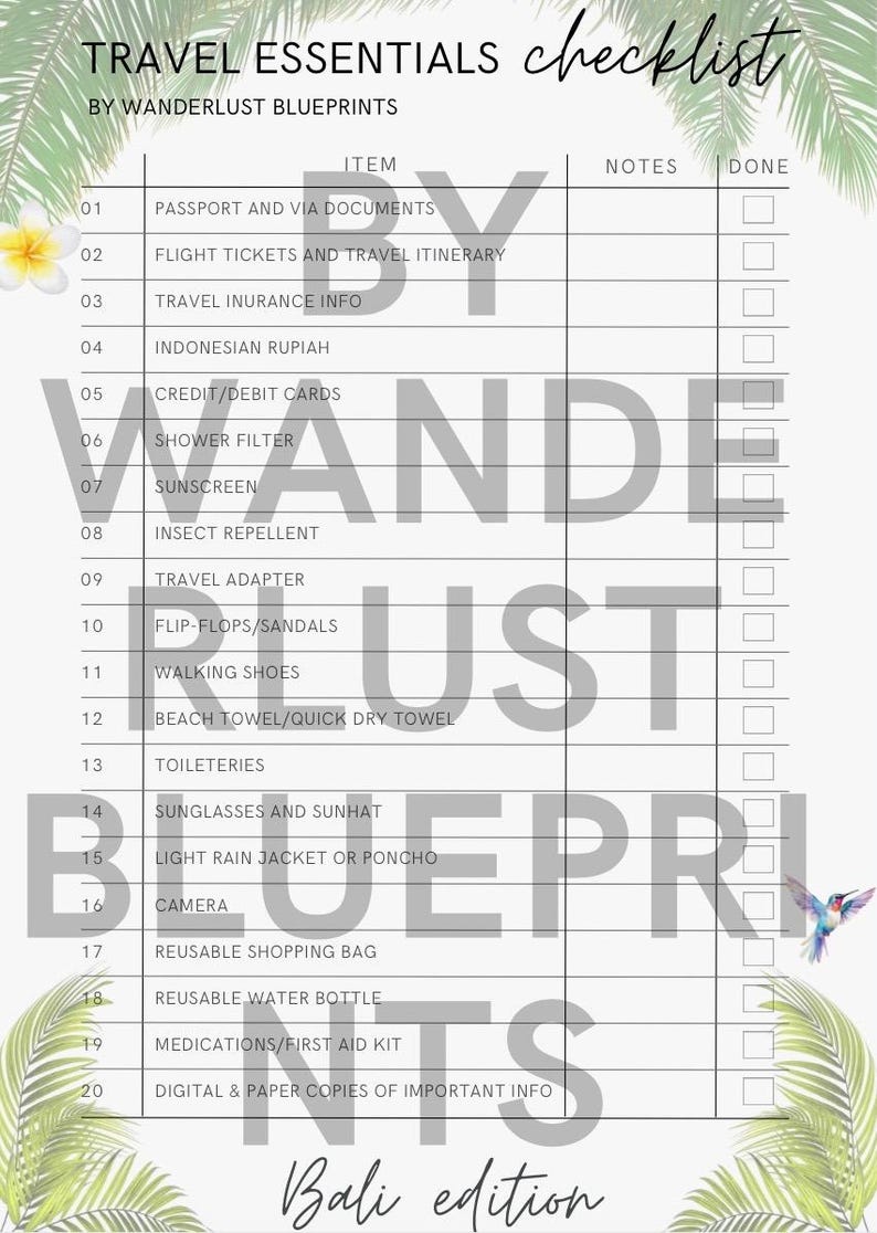Bali Travel Checklist PDF | Ultimate Tropical Packing List | Printable ...