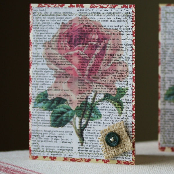 Set of Four Recycled Book Page Note Cards Sweet Rose