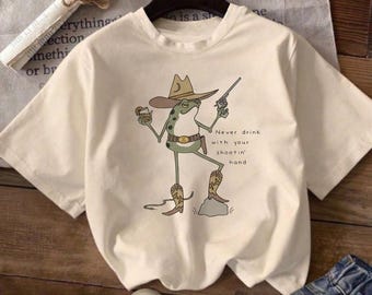 Cowboy Frog Illustration T-Shirt | Western Frog with Hat, Boots, Lasso