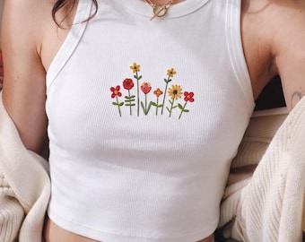 Ribbed Floral Embroidered Tank Top | Meadow Flower Print, Fitted Racerback