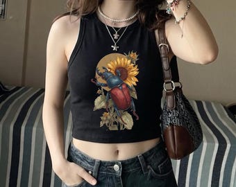 Sunflower and Beetle Racer Tank Top | Floral Insect Graphic