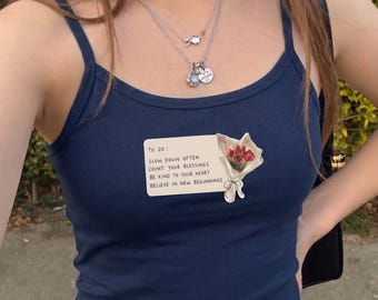 Navy Blue Floral Quote Tank Top, Minimalist Summer Cami, Vintage Inspired Shirt