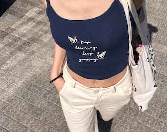 Keep Learning Keep Growing Tank Top | Butterfly Script Crop Spaghetti Strap