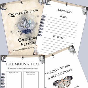 Könnte beinhalten: Ein Grimoire-Planer mit Seiten für Rituale, Ziele und Reflexionen. Der Einband lautet "Quartz Hollow Grimoire Planner". Seiten enthalten "Full Moon Ritual" und "Shadow Work & Reflections". Das Design zeigt Kristalle, Monde und einen Schmetterling.