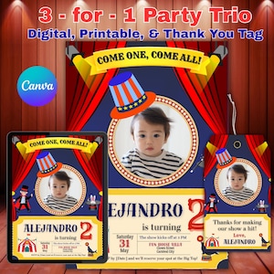 Editable Carnival Circus Greatest Show Birthday Invitation + Thank You Tag Template – Canva Instant Download for Boys’ Fun‑Fair Magic Party