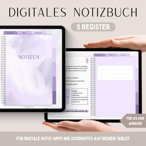 Könnte beinhalten: Zwei digitale Tablets, die ein digitales Notizbuch mit Spiralbindung anzeigen. Das Notizbuch hat lila Registerkarten und Seiten mit dem Wort "NOTIZEN" auf einer Seite. Der Text oben lautet "DIGITALES NOTIZBUCH" und "5 REGISTER". Der Text unten lautet "FÜR DIGITALE NOTIZ-APPS WIE GOODNOTES AUF DEINEM TABLET".