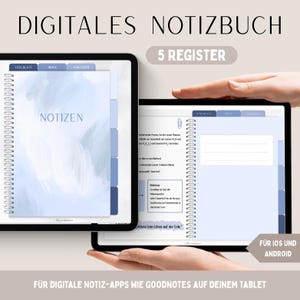 Könnte beinhalten: Digitales Notizbuch, dargestellt auf zwei Tablets. Die Notizbücher haben eine Spiralbindung und blaue Register. Der Text "DIGITALES NOTIZBUCH" und "5 REGISTER" stehen oben. Der Text "NOTIZEN" ist auf dem Notizbuch sichtbar. Der Text "FÜR IOS UND ANDROID" steht unten.