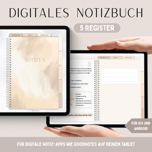 Könnte beinhalten: Digitales Notizbuch auf einem Tablet, mit Spiralbindung und Registerkarten mit den Bezeichnungen "Titelblatt", "Index" und "Vorlagen". Das Notizbuch hat einen beigen Umschlag mit dem Wort "Notizen". Der Text auf dem Bild lautet "5 Register" und "Für iOS und Android".