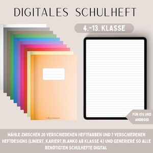 Könnte beinhalten: Digitales Schulheft mit dem Text "DIGITALES SCHULHEFT" und "4.-13. KLASSE". Das Bild zeigt einen Stapel bunter Hefte und ein Tablet mit liniertem Papier. Der Text "FÜR IOS UND ANDROID" ist ebenfalls sichtbar.