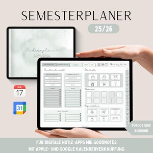 Può includere: Pianificatore semestrale digitale su tablet, con un design minimalista. Lo schermo mostra un layout dettagliato per note, corsi e orari. Il testo include "Semesterplaner 25/26" e "Studienplaner 2025/2026".