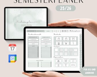 Puede incluir: Planificador semestral digital en una tableta, con un diseño minimalista. La pantalla muestra un diseño detallado para notas, cursos y horarios. El texto incluye "Semesterplaner 25/26" y "Studienplaner 2025/2026".
