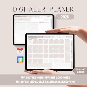 Könnte beinhalten: Zwei Tablets zeigen digitale Planer, einer mit einem Kalender für September 2026 und der andere mit einer Tagesansicht. Der Text "DIGITALER PLANER 2026" steht oben. Weitere Texte sind "FÜR IOS UND ANDROID" und "FÜR DIGITALE NOTIZ-APPS WIE GOODNOTES MIT APPLE- UND GOOGLE KALENDERVERKNÜPFUNG".
