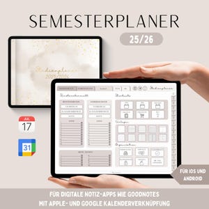 Può includere: Pianificatore semestrale digitale su tablet, con il testo "SEMESTERPLANER 25/26". Il pianificatore include sezioni per note, corsi e un calendario. L'immagine mostra anche un'icona del calendario con le date 17 e 31 luglio. Per app di note digitali.