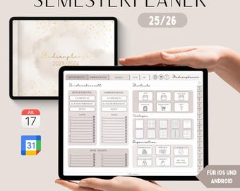 Puede incluir: Planificador semestral digital en una tableta, con el texto "SEMESTERPLANER 25/26". El planificador incluye secciones para notas, cursos y un calendario. La imagen también muestra un icono de calendario con las fechas 17 y 31 de julio. Para apps de notas digitales.