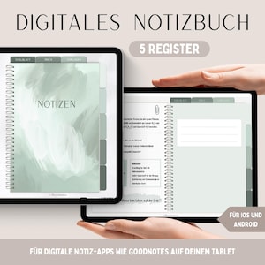 Könnte beinhalten: Digitales Notizbuch auf einem Tablet mit dem Text "DIGITALES NOTIZBUCH" und "5 REGISTER". Das Notizbuch hat eine Spiralbindung und einen hellgrünen Umschlag mit dem Wort "NOTIZEN". Das Tablet wird von einer Hand gehalten.