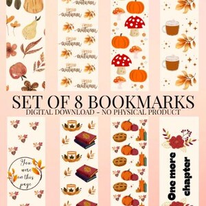 Könnte beinhalten: Set mit 8 Lesezeichen zum Thema Herbst. Designs umfassen Kürbisse, Pilze, Kaffeetassen und Herbstlaub. Einige Lesezeichen haben den Text "Hello Autumn" und "You were on this page". Digitaler Download.
