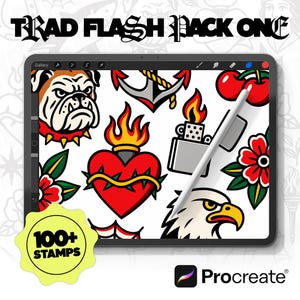 May include: A digital tablet screen displaying a collection of traditional tattoo flash art including a bulldog, anchor, flaming heart, lighter, cherries, and eagle. A white stylus rests on the screen. A yellow badge reads 100+ STAMPS.