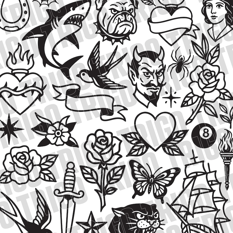 Old School Traditional Tattoo Flash Vector Graphics Pack #1 100+ SVG ...