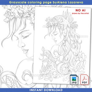 Printable coloring page for adults Fantasy mermaid drawn  grayscale by artist Alena Lazareva digital  Instant download PDF Jpeg