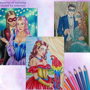 May include: Three color pencil drawings of people in masquerade attire. The top right drawing shows a couple dancing. The bottom drawing shows a woman with a parrot. The top left drawing shows a couple with a fan. The text "Examples of coloring" is at the top.