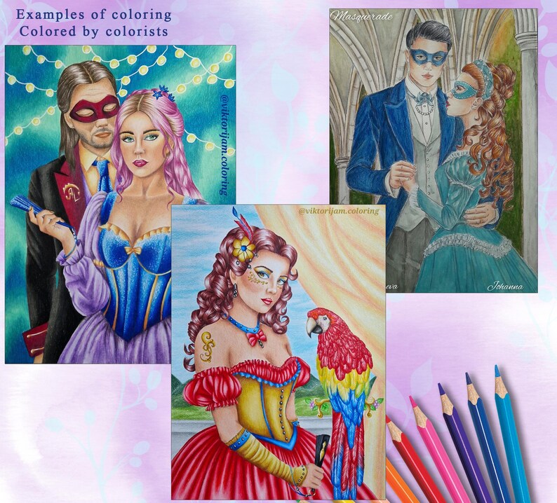 May include: Three color pencil drawings of people in masquerade attire. The top right drawing shows a couple dancing. The bottom drawing shows a woman with a parrot. The top left drawing shows a couple with a fan. The text "Examples of coloring" is at the top.