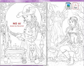 Set 2 hand drawn coloring pages Witches Instant Download Printable PDF Jpeg