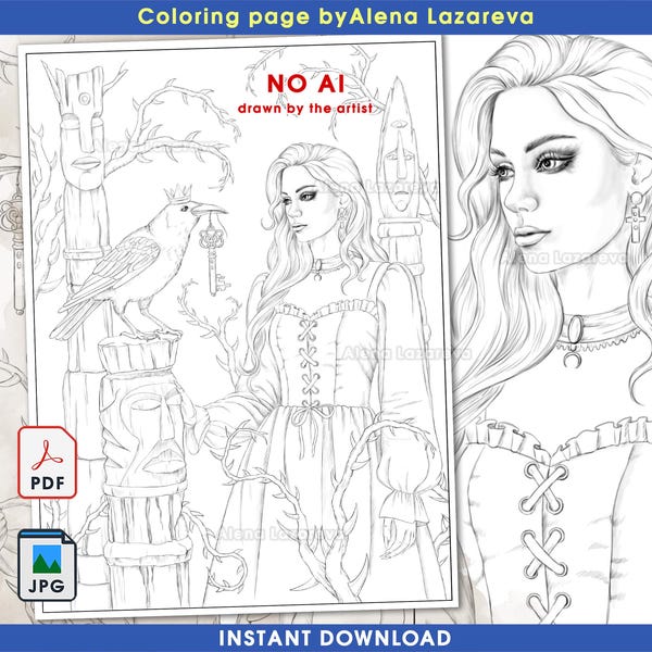 Princess and Raven Coloring Page: Hand Drawn by Alena Lazareva  (PDF/JPEG Download)