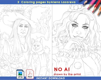 Witch and Clown Grayscale Coloring Pages: Hand-Drawn Art (PDF, JPG)