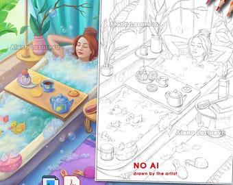 Può includere: Illustrazione digitale di una donna che si rilassa in un bagno di schiuma, con un vassoio di prelibatezze e una teiera. L'immagine è a colori e in bianco e nero, con il testo "NO AI drawn by the artist" e "INSTANT DOWNLOAD".