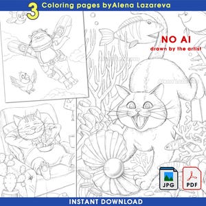 Puede incluir: Páginas para colorear en blanco y negro con gatos en varios escenarios. Un gato vuela con una tabla de snowboard, otro se relaja en una silla y un tercero está bajo el agua con peces. El texto "Coloring pages by Alena Lazareva" es visible.