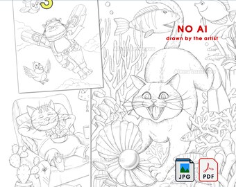 May include: Black and white line art coloring pages featuring cats in various scenarios. One cat is flying with a snowboard, another is relaxing in a chair, and a third is underwater with fish. The text "Coloring pages by Alena Lazareva" is visible.