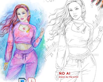 Può includere: Una pagina da colorare digitale che raffigura una ragazza con i capelli lunghi che indossa cuffie, una maglia corta a maniche lunghe e pantaloni della tuta con coulisse. L'illustrazione include note musicali, un cuore e un ciondolo a chitarra.