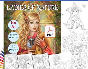 Ladies of Nature Grayscale Coloring Book: 20 Hand-Drawn Pages   Instant Download Printable (PDF Download)