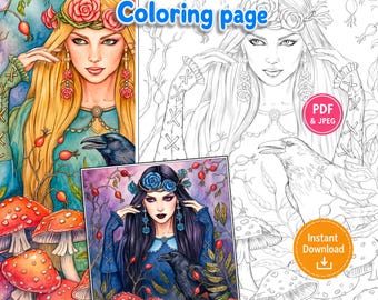 Gothic Fantasy Coloring Page, Witch and Raven Printable, Dark Fantasy Coloring Page, Adult Coloring PDF JPG