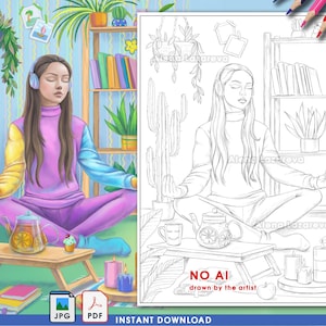 Pu&ograve; includere: Illustrazione digitale di una persona che medita in casa, con cuffie e tuta a blocchi di colore. Un tavolino di legno contiene una teiera, una tazza e un cupcake. Lo sfondo comprende piante, libri e candele. Download immediato.