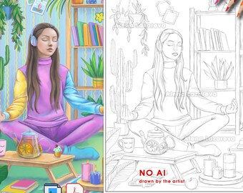 Può includere: Illustrazione digitale di una persona che medita in casa, con cuffie e tuta a blocchi di colore. Un tavolino di legno contiene una teiera, una tazza e un cupcake. Lo sfondo comprende piante, libri e candele. Download immediato.