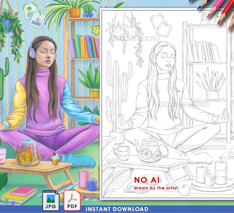 Pu&ograve; includere: Illustrazione digitale di una persona che medita in casa, con cuffie e tuta a blocchi di colore. Un tavolino di legno contiene una teiera, una tazza e un cupcake. Lo sfondo comprende piante, libri e candele. Download immediato.