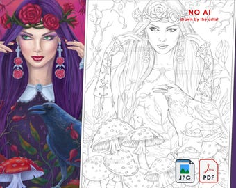 Gothic Witch Coloring Page: Grayscale Fantasy Art (PDF/JPEG Digital Download)