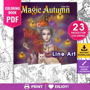 May include: A digital coloring book titled Magic Autumn Line Art featuring 23 pages for coloring. The cover displays a central illustration of a person with an elaborate hairstyle, a red fan, and a white cat, surrounded by glowing pumpkin lanterns.