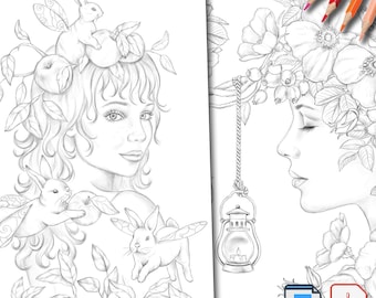 Pages à colorier de portraits de fées : niveaux de gris dessinés à la main d'Alena Lazareva (PDF, Jpg imprimable, téléchargement immédiat)