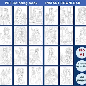 May include: A PDF coloring book with 22 pages featuring detailed line art illustrations of historical figures in elegant attire. The cover includes the text "PDF Coloring book" and "INSTANT DOWNLOAD". The images are drawn by an artist.